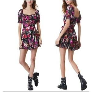 Alice + Olivia Mina Mini Dress Size 8 NWT Floral Silk Blend Puff Sleeve
